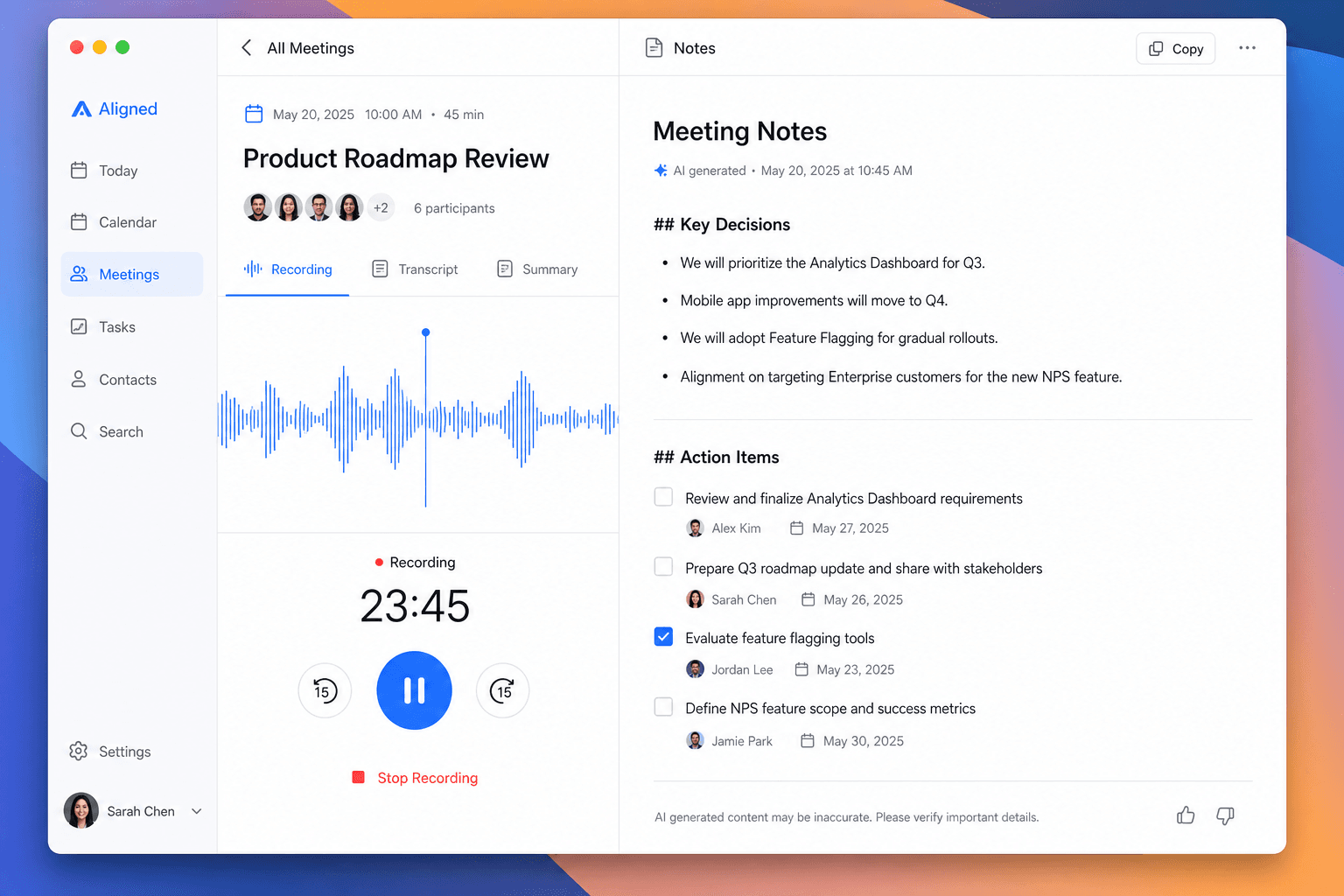 Aligned meeting notes feature with recording and AI-generated notes