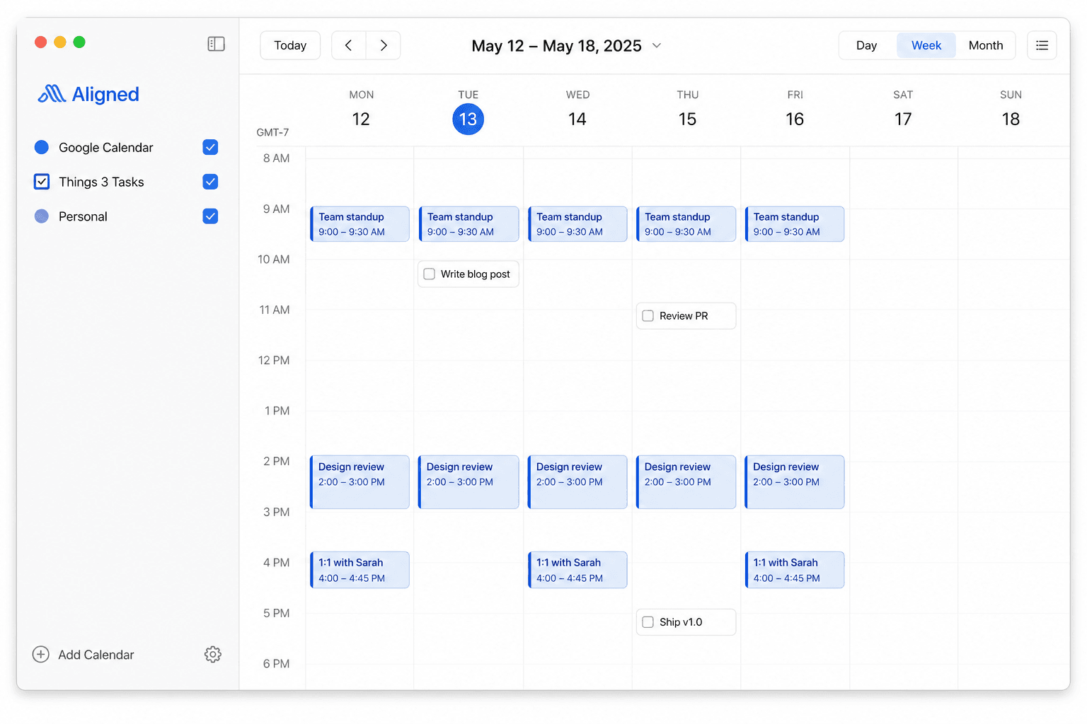 Aligned app - week view with calendar events and tasks